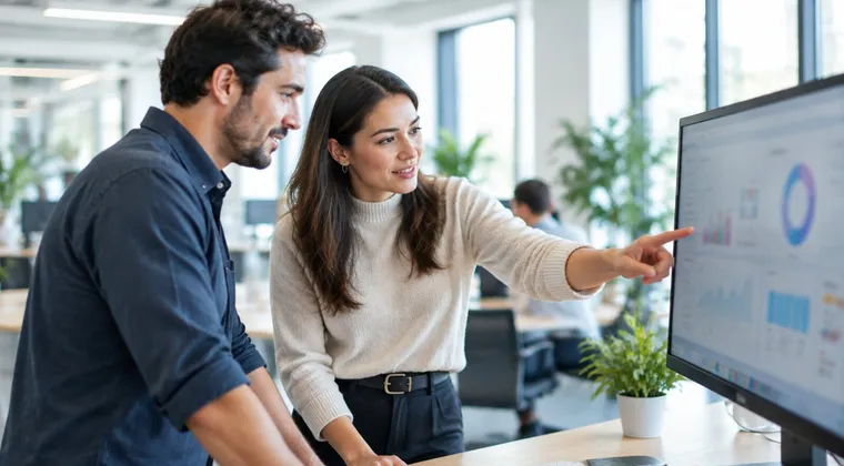 Two colleagues in an open-plan office review an analytics dashboard on a large monitor.