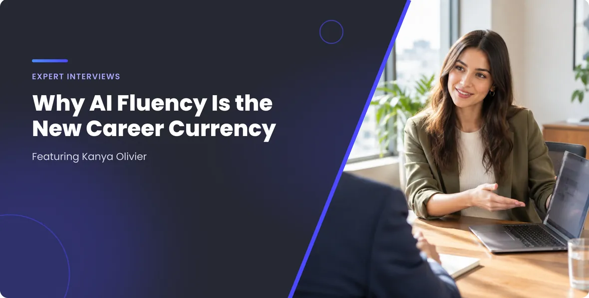 Expert Interviews: Why AI Fluency Is the New Career Currency, featuring Kanya Olivier. A candidate smiles and gestures across the table during a job interview.