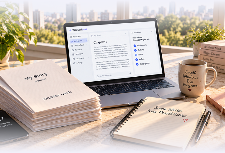 Laptop showing a ClickTech HUB writing assistant beside a printed manuscript and notebook